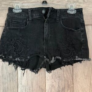 American Eagle Outfitters Black Lace-Appliqué Denim Cutoff Shorts